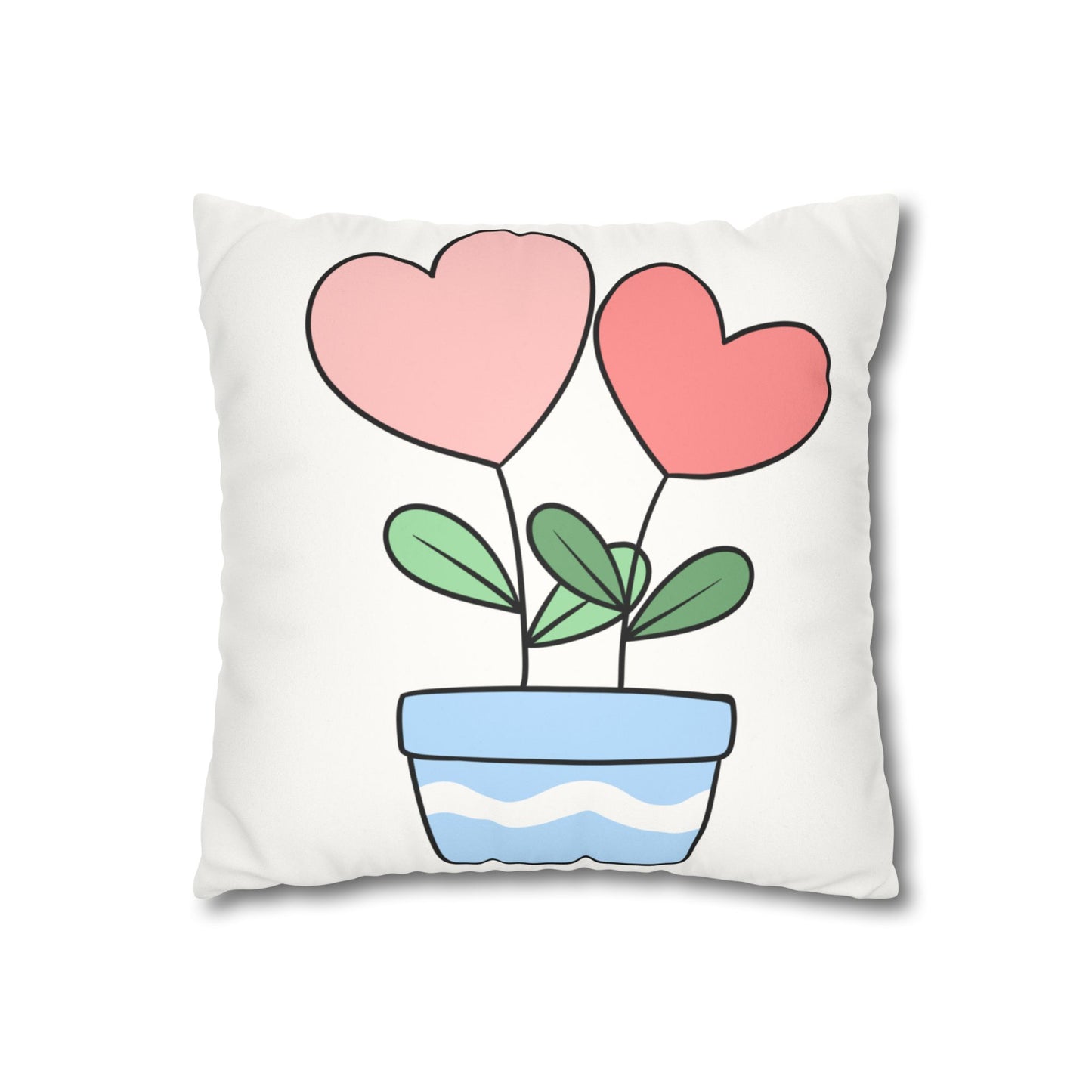 Square Pillowcase with Flowerpot and Hearts Design