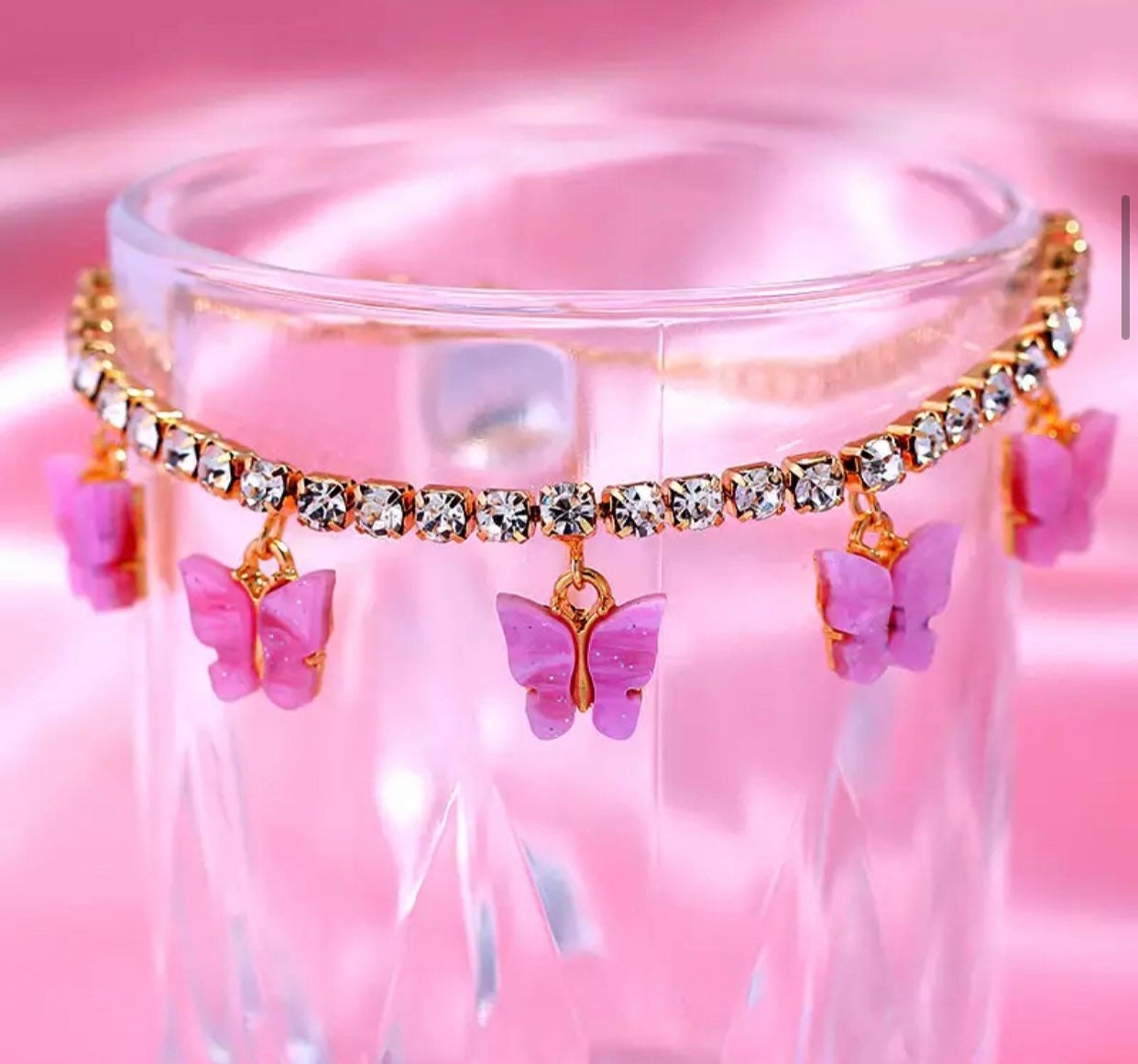 Gold / Pink Butterfly Rhinestone Anklet | DaRoyal Way