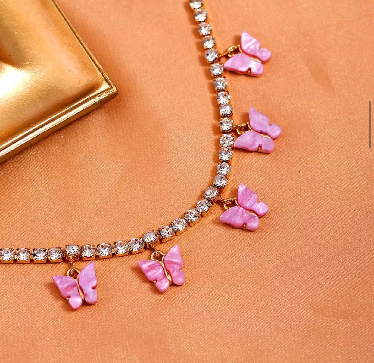 Silver / Pink Butterfly Rhinestone Anklet