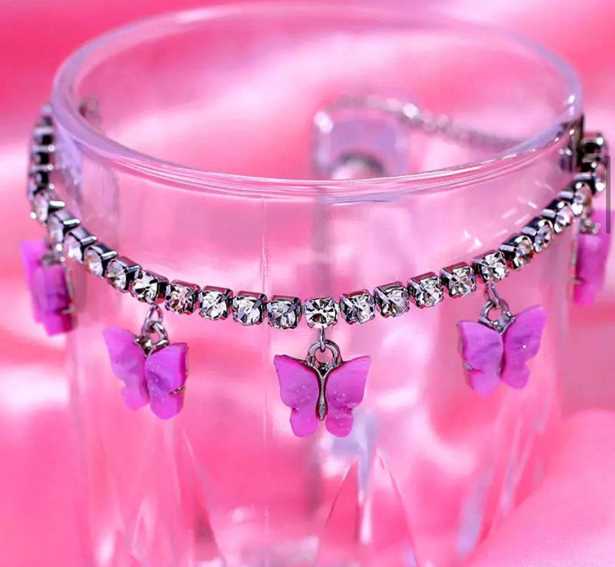 Silver / Purple Butterfly Rhinestone Anklet.