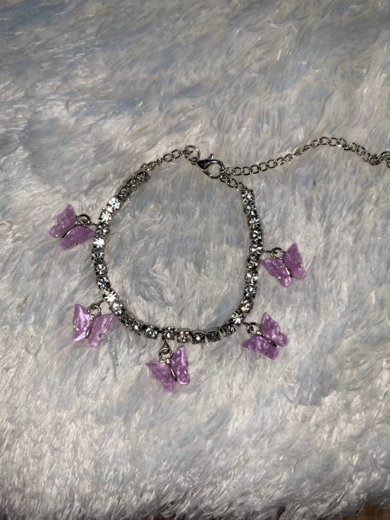 Silver / Purple Butterfly Rhinestone Anklet.