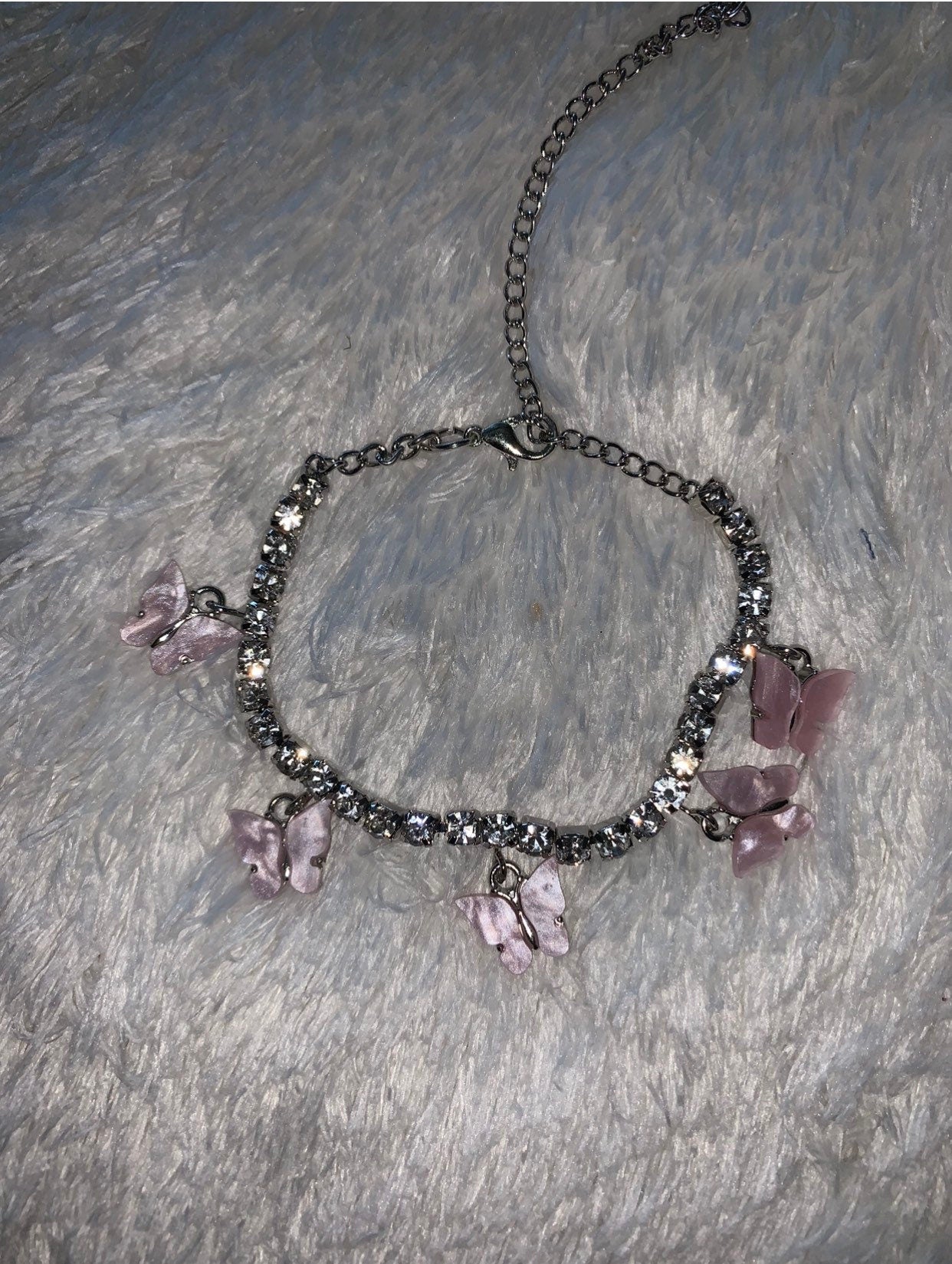 Silver / Pink Butterfly Rhinestone Anklet